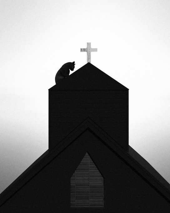 A black and white photograph of a silhouetted cat perched on the steeple of a dark church with a cross at the top, set against a foggy gray sky.