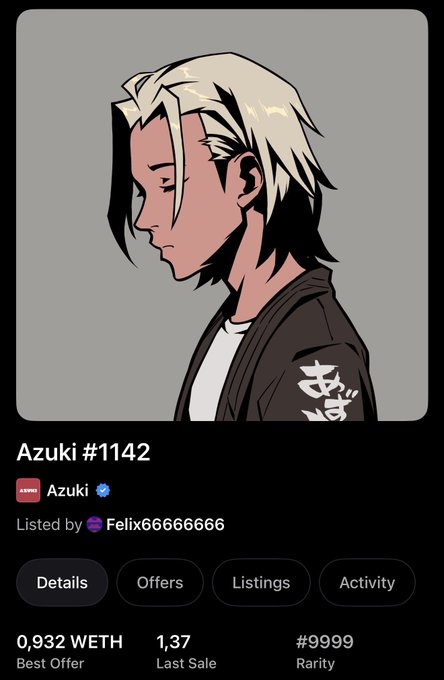 A profile illustration of an anime-style character with two-toned hair, displayed on an NFT listing for "Azuki #1142" priced at 0.932 WETH.