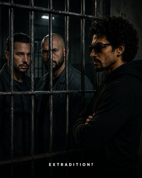 A dark, cinematic image titled "EXTRADITION?" shows three men behind prison bars, including a man with curly hair and sunglasses, looking toward another man outside the cell.