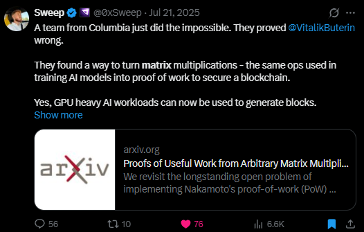 The image is a screenshot of a Twitter post by a user who has tweeted about a proof-of-work (PoW) mining project named "Arixiv" that was written by a person named "@prlnet". The tweet includes information about the project and its purpose, as well as a link to an article titled "Profeum: fair launched. No official Cexs listing yet. No Vcs. No info yet. Ai mining...". The post also mentions that the network is called "$PRL net".