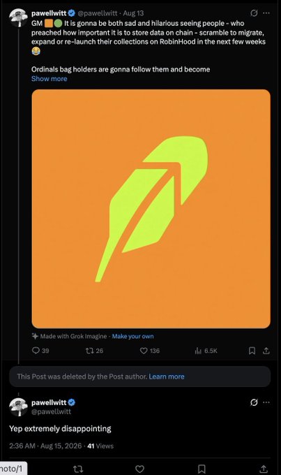 A tweet from @pawelwitt showing an orange and yellow feather/quill graphic made with Grok Imagine, discussing people moving NFT collections from RobinHood.