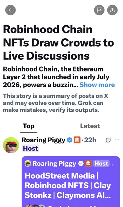 A mobile news article titled 'Robinhood Chain NFTs Draw Crowds to Live Discussions' with a summary about the Ethereum Layer 2 platform and a post by 'Roaring Piggy'.