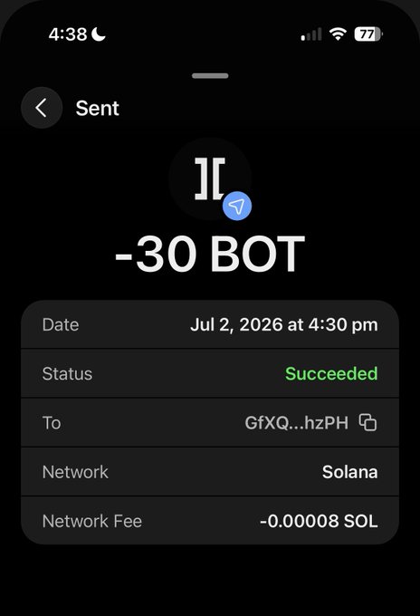 A screenshot of a successful cryptocurrency transaction confirmation showing "-30 BOT" sent on the Solana network on July 2, 2026, with a network fee of 0.00008 SOL, visually supporting the post about completing a first airdrop of $BOT tokens.