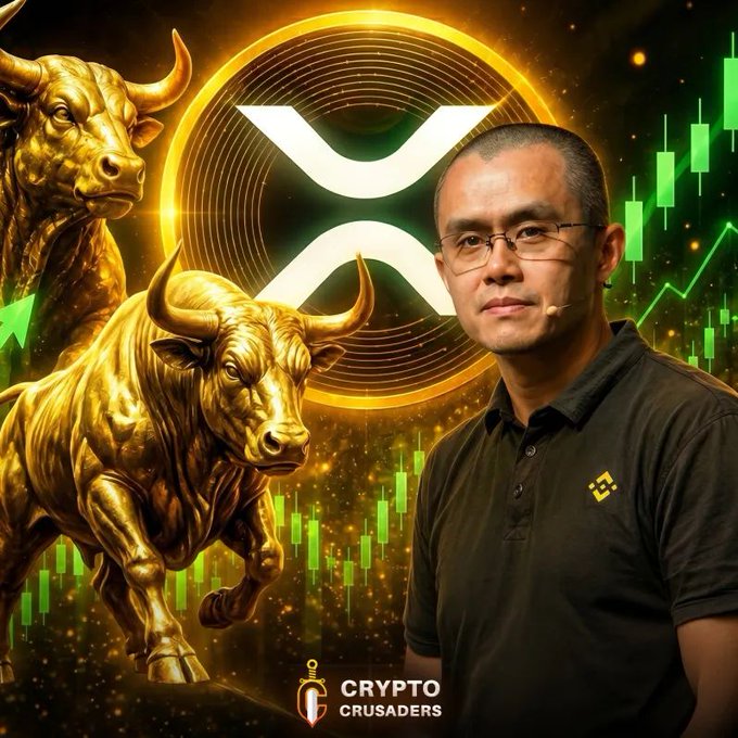 "BOOOOOOOOOOMMMM!!! CZ said, "The FOMO is just starting." Believe me, the next bull market will be WILD." The image features a man standing with two gold bulls positioned behind him, one on his right side and another on his left side. In the background, there are some lines of text that say "CRYPTO CRUCaders", which suggests that this image is related to Bitcoin or cryptocurrency trading. Additionally, there is an illustration of a golden bull's head with an x placed above it, reinforcing the theme of cryptocurrency.