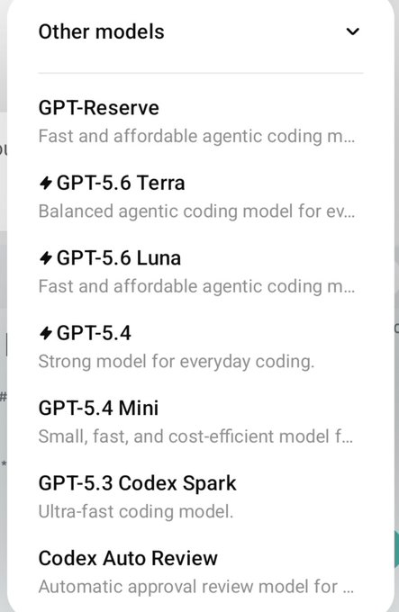 A screenshot of a model selection menu showing various GPT coding models, including GPT-Reserve, GPT-5.6 Terra, and GPT-5.4, with their descriptions.