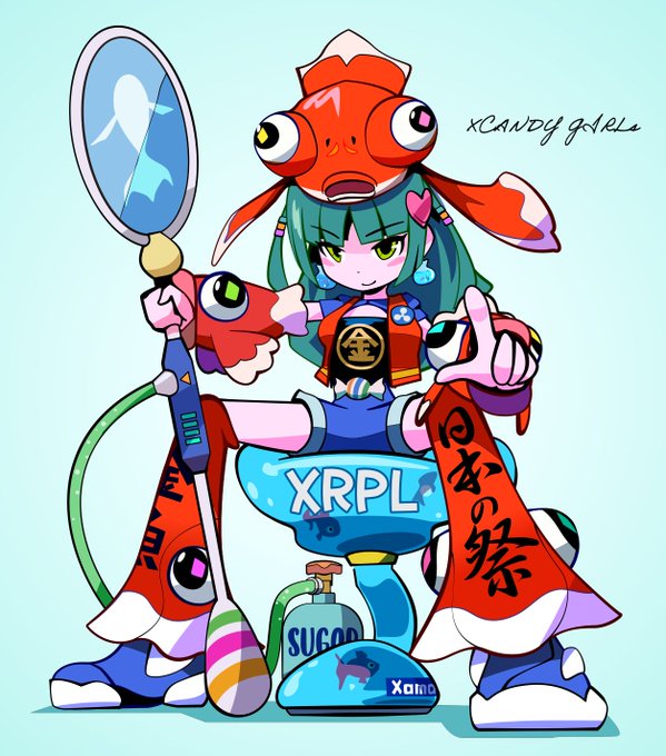 An anime illustration by 'xCANDY gIRLx' featuring a green-haired girl in a red frog-themed outfit sitting on a toilet labeled 'XRPL', with 'XAIRO' soap and fish-themed accessories, with Japanese text 'なの祭' on her sash.