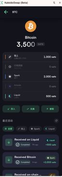 A dark-themed mobile app screen for 'KaishiShow (Beta)' displaying BTC Bitcoin at 3,500 sat/g with various wallet tabs (BTC, DOGE, Spark, Liquid, etc.) and transaction buttons in Chinese.