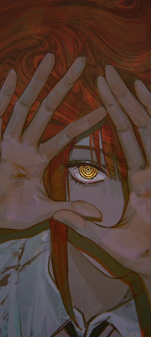 An anime character with red hair holds their hands up in a framing gesture around a glowing yellow spiral eye, set against swirling dark red. The hypnotic, all-seeing eye imagery symbolizes the call to stay patient and observant—watching the market like a predator waiting for the exact moment of panic—before committing capital, mirroring the post's advice to accumulate earnings and wait for "that full-blown panic moment" before deploying funds.