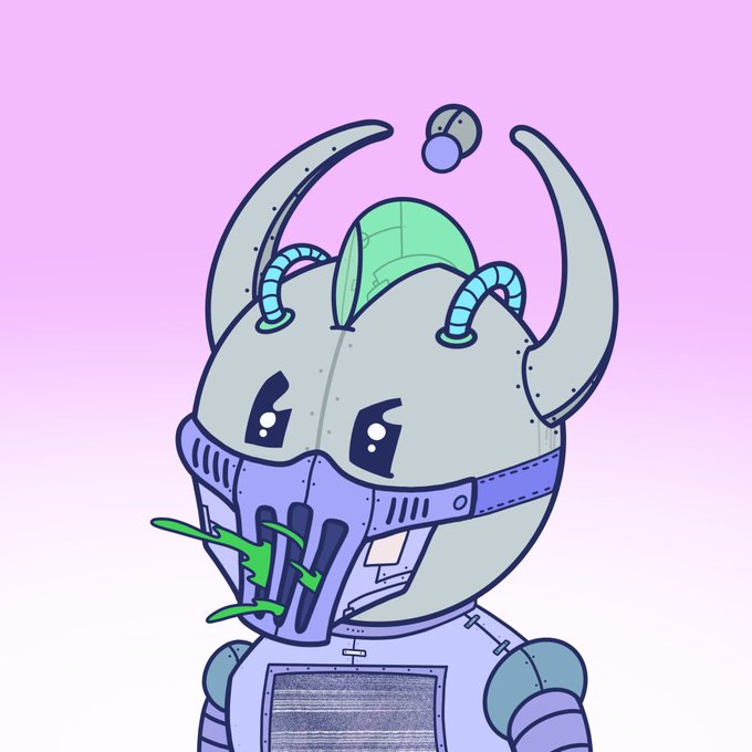A digital illustration of a stylized robotic character with a round helmet, horns, and a metal muzzle holding grass, set against a pink gradient background.