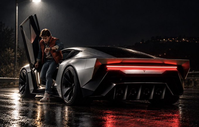 A cinematic nighttime shot of a young man exiting a futuristic silver sports car with distinctive red LED taillights and upward-opening doors, on wet pavement.