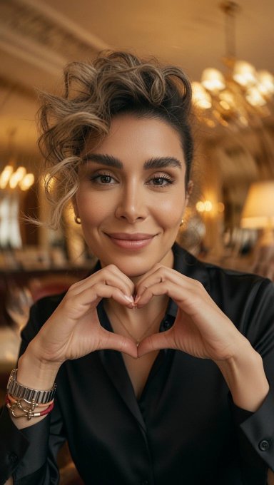A woman with an updo hairstyle and a black blouse smiles while forming a heart shape with her hands, photographed in a warmly lit, elegant interior.