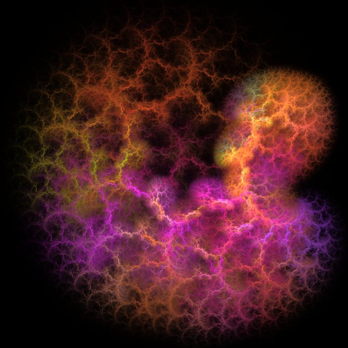 An abstract fractal image displaying swirling patterns of orange, red, pink, purple, and yellow against a black background.