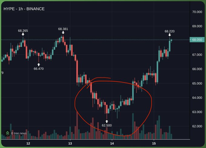 A 1-hour Binance chart of HYPE showing a sharp decline to a low of 62,500 (circled in red) before recovering back to around 68,220, illustrating the "beautiful dip" referenced in the post that traders could have capitalized on.