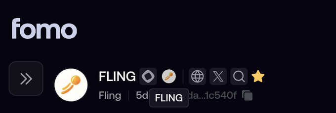 The image shows a screenshot from the FOMO platform displaying the "FLING" token with a 5-day lifespan and a contract address ending in "c540f," along with icons for trading, price charts, website, X (Twitter), and search—consistent with the post announcing Fling as a new launchpad on Monad.