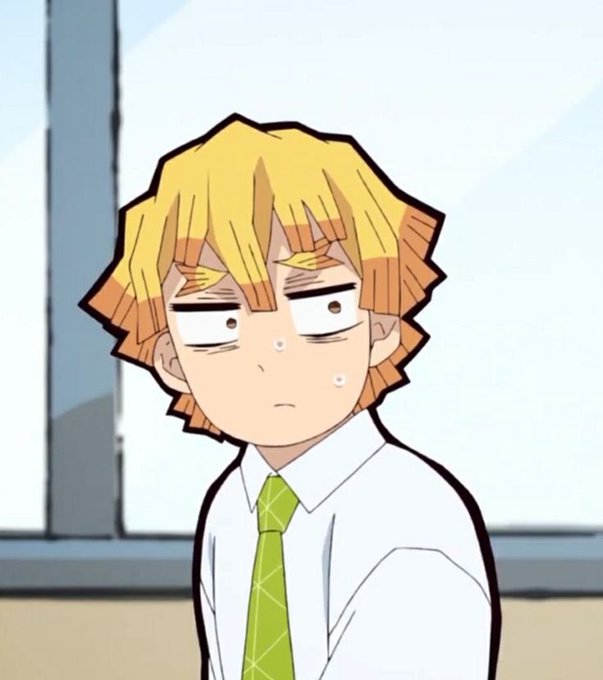 An anime-style character with messy blonde hair, wearing a white shirt and green tie, looks tired with sweat drops on his face.