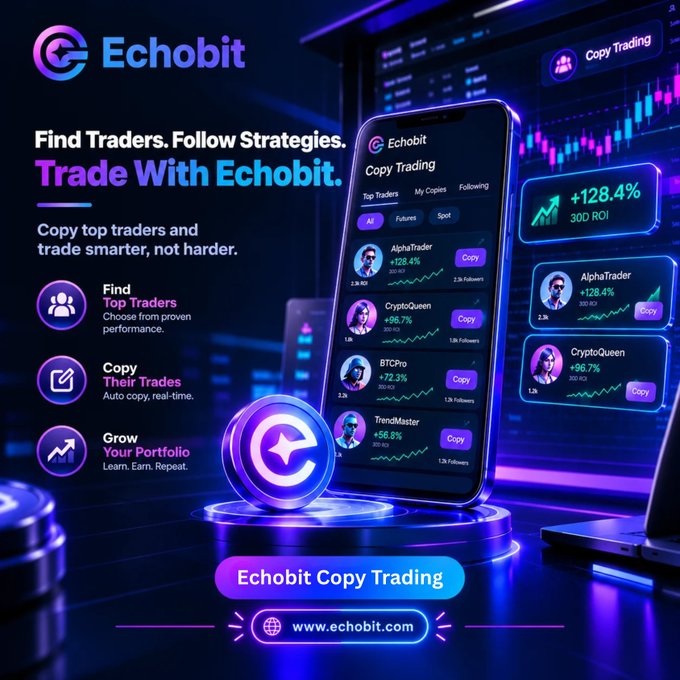 A promotional graphic for 'Echobit' advertising a 'Copy Trading' feature, displaying slogans like 'Find Traders. Follow Strategies. Trade With Echobit' alongside a smartphone mockup showing trader profiles like 'AlphaTrader' (+128.4%) and 'CryptoQueen' (+98.7%), with the website 'www.echobit.com' at the bottom.