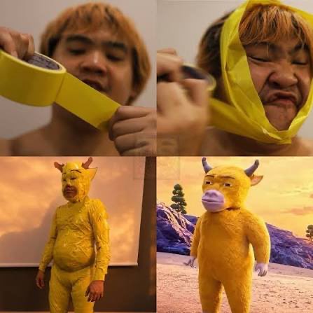 A four-panel humorous meme showing a man's face being wrapped in yellow tape, humorously compared to two screenshots of a character in a yellow cow costume.