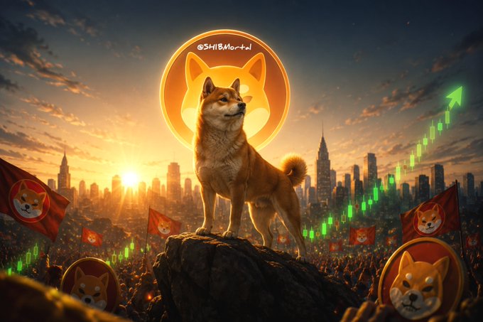 An illustration depicts a Shiba Inu dog standing heroically atop a rocky outcrop, with a city skyline behind it and a green upward trending stock chart superimposed on the scene, symbolizing growth and momentum for Shiba Inu coin. A glowing Shiba Inu logo with the watermark "@SHIBMortal" is prominent in the sky.