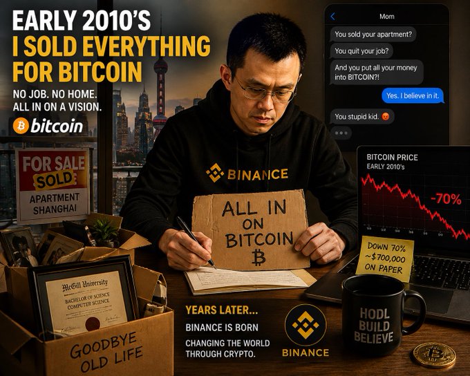 A promotional graphic stating 'EARLY 2010'S I SOLD EVERYTHING FOR BITCOIN,' depicting a man in a Binance hoodie writing on a sign that says 'ALL IN ON BITCOIN,' surrounded by props like a sold apartment sign and a Harvard diploma.