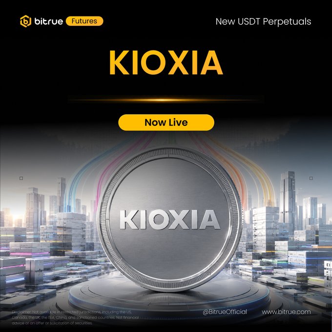 Bitrue Futures announces that the KIOXIA/USDT Perpetual contract is now live for trading, featuring a large silver KIOXIA coin displayed against a futuristic cityscape with colorful flowing lines, promoting access to Japan's leading NAND flash memory company within the AI data center ecosystem.