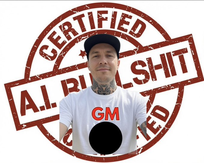 A man wearing a black cap, a white t-shirt with a red 'GM' logo, and visible neck tattoos stands in front of a red circular stamp graphic reading 'CERTIFIED A.I. BULLSHIT'.