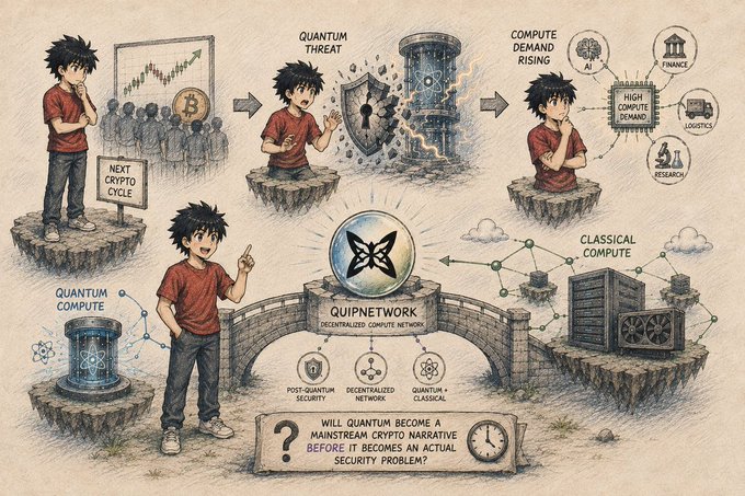 An illustrated infographic depicting a young character navigating crypto cycles, with labels including 'NEXT CRYPTO CYCLE', 'QUANTUM THREAT', 'QUIPNETWORK DECENTRALIZED COMPUTE NETWORK', and text asking 'WILL QUANTUM BECOME A MAINSTREAM CRYPTO NARRATIVE BEFORE IT BECOMES AN ACTUAL SECURITY PROBLEM?'