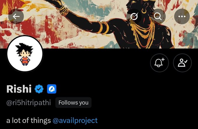 A social media profile screenshot for 'Rishi' (@ri5hitripathi), verified, following the viewer, with a pixel-art avatar and banner featuring an illustrated figure in gold jewelry.