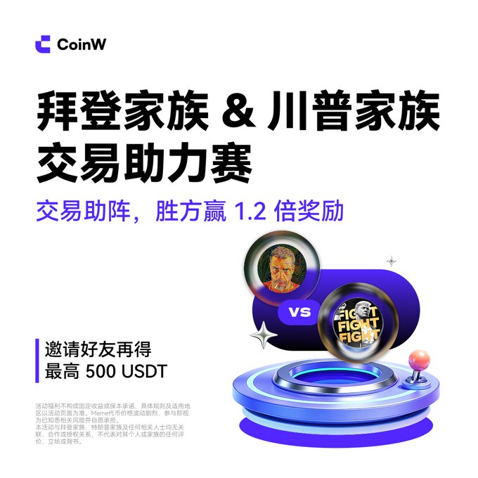 A CoinW cryptocurrency promotional graphic in Chinese with text including '拜登家族 & 川普家族 交易助力赛' (Biden Family & Trump Family Trading Boost Competition), featuring portraits of Joe Biden and Donald Trump, and offering up to 500 USDT in rewards.