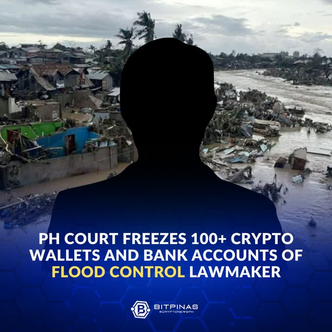 A news graphic from BitPinas showing a silhouetted figure against a flooded, devastated landscape, with the headline 'PH COURT FREEZES 100+ CRYPTO WALLETS AND BANK ACCOUNTS OF FLOOD CONTROL LAWMAKER'.