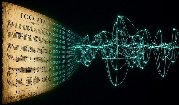 An aged parchment labeled "TOCCATA" with sheet music and cascading binary code transitions into a glowing waveform, visually symbolizing the translation of musical structure into programmable, verifiable computation on Kaspa's base layer. The watermark "THEKASPA LEDGER" appears in the lower left corner.