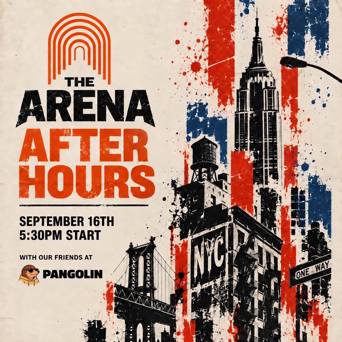 The image is a vintage-style poster for "The Arena After Hours" event on September 16th at 5:30 PM, hosted with Pangolin, featuring gritty NYC iconography including the Empire State Building, Brooklyn Bridge, a water tower, and "NYC" graffiti in a red, white, and blue color scheme. The bold typography and urban imagery reinforce the after-hours NYC summit theme referenced in the accompanying post.