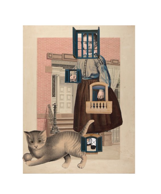 A surreal collage artwork depicting a woman in vintage clothing standing in front of a townhouse, with a barred window frame obscuring her face, a window showing a cat and fish, a miniature balcony, and a large gray tabby cat in the foreground with a ball.