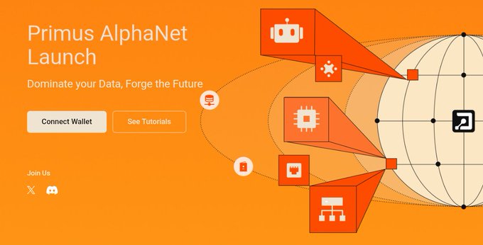 A promotional banner for the 'Primus AlphaNet Launch' with the tagline 'Dominate your Data, Forge the Future,' featuring 'Connect Wallet' and 'See Tutorials' buttons, alongside orange graphics of a globe and blockchain-related icons.