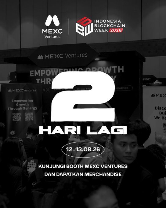 A promotional poster for MEXC Ventures at Indonesia Blockchain Week 2026 (Aug 12-13.08.26), reading '2 HARI LAGI' (2 days left) and 'KUNJUNGI BOOTH MEXC VENTURES DAN DAPATKAN MERCHANDISE'.