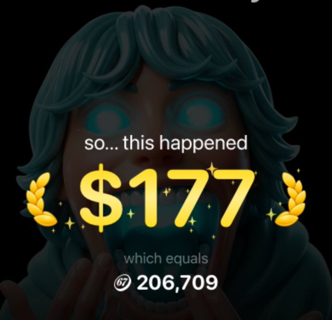 A promotional graphic features a 3D character with a "so... this happened $177 which equals 206,709" message flanked by gold laurel wreaths, with a CoinMarketCap logo.