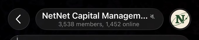 A screenshot showing a group chat header for 'NetNet Capital Managem...' with 3,538 members and 1,452 online.