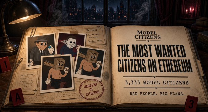 A vintage-looking open book labeled “MODEL CITIZENS” and “THE MOST WANTED CITIZENS ON ETHEREUM” displays “3,333 MODEL CITIZENS” and “BAD PEOPLE. BIG PLANS.” with cartoon suspect photos, evidence markers, and an “IMPOENT OF CITIZENS” stamp.