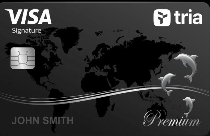 The image features a black Visa credit card with a white border and silver accents. The card has a world map design on its front, featuring three dolphins swimming across the ocean. Below the map, there's text that reads "Visa Signature" and "Premium". The background of the image is a light brown color.
