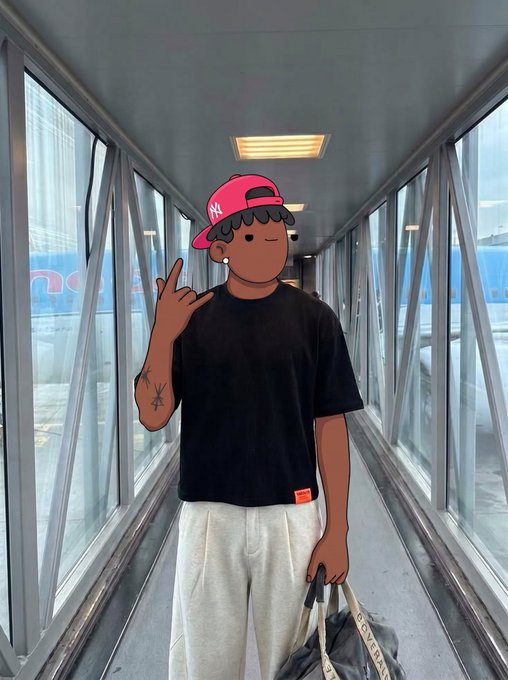 A person stands in an airport jet bridge wearing a black t-shirt, cream sweatpants, and a pink baseball cap, holding a bag labeled 'DSQUARED2', with their face obscured by a digital drawing.