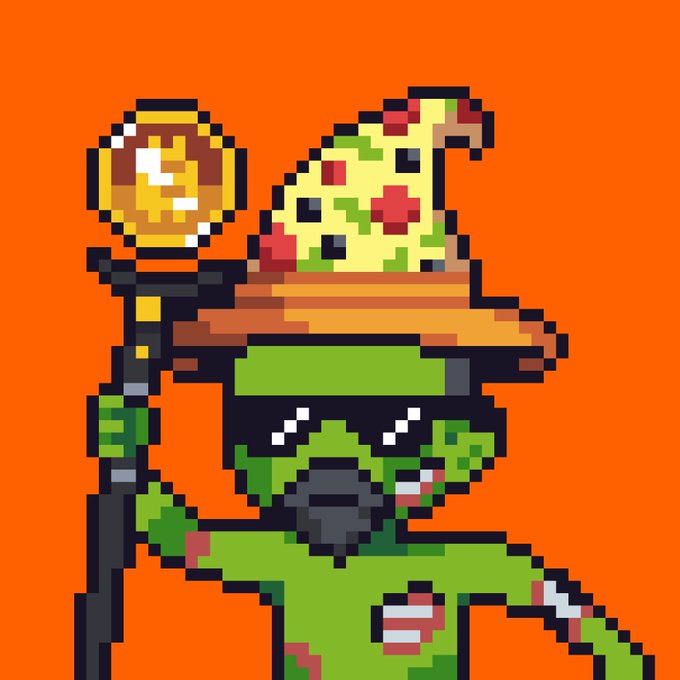 A pixel art illustration of a green zombie-like figure wearing a witch hat with pepperoni pizza for a head, holding a staff topped with a glowing orb.