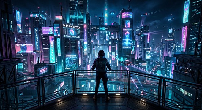 A digital artwork shows a hooded figure standing on a balcony overlooking a futuristic cyberpunk cityscape illuminated with neon signs reading 'NEO-KYOTO,' 'DATASTREAM,' and 'CYBERNETICS.'