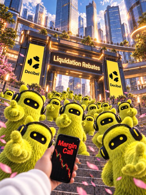 Futuristic city scene with a crowd of yellow fuzzy creatures wearing headphones, with a 'Liquidation Rebates Decibel' sign overhead and a hand holding a phone displaying a red 'Margin Call' graph.