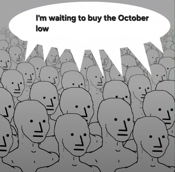 A grayscale illustration shows a large crowd of identical faceless figures, with one speech bubble at the top reading "I'm waiting to buy the October low".