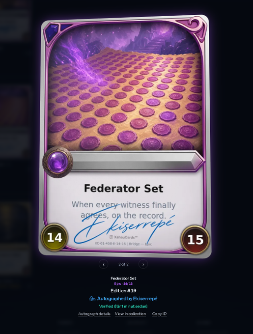 An autographed 'Federator Set' card (#19, Epic, Edition 14/15) from XahauCards depicting purple portal discs, signed by Ekisererep.