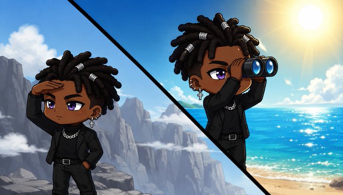 A chibi-style illustration split diagonally, showing a character with dreadlocks and a cross earring on rocky mountains on the left, and using binoculars at a sunny beach on the right.