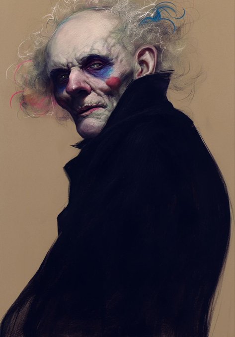 A digital portrait painting of an elderly bald man with wispy white hair and clown-like makeup (blue and red accents on his cheeks), wearing a dark coat against a tan background.
