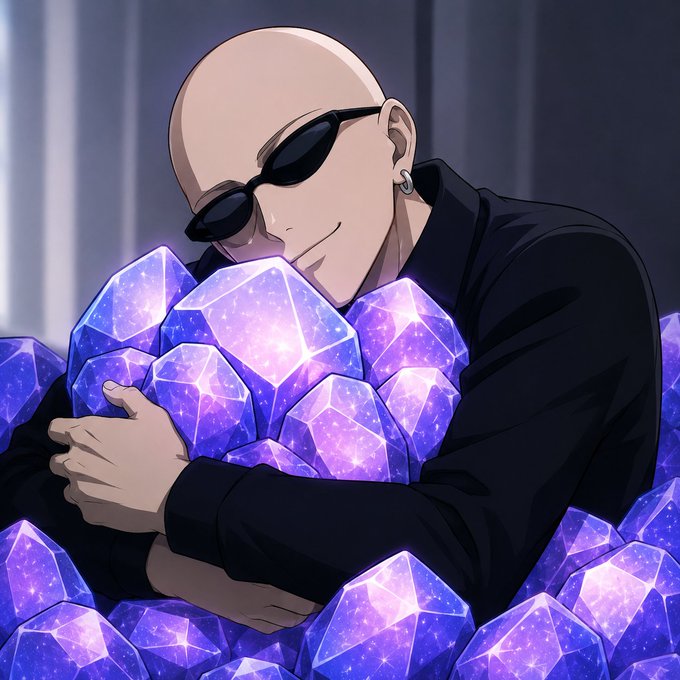 An anime-style illustration of a bald man wearing black sunglasses and a black shirt, smiling while hugging a large pile of glowing purple crystals.