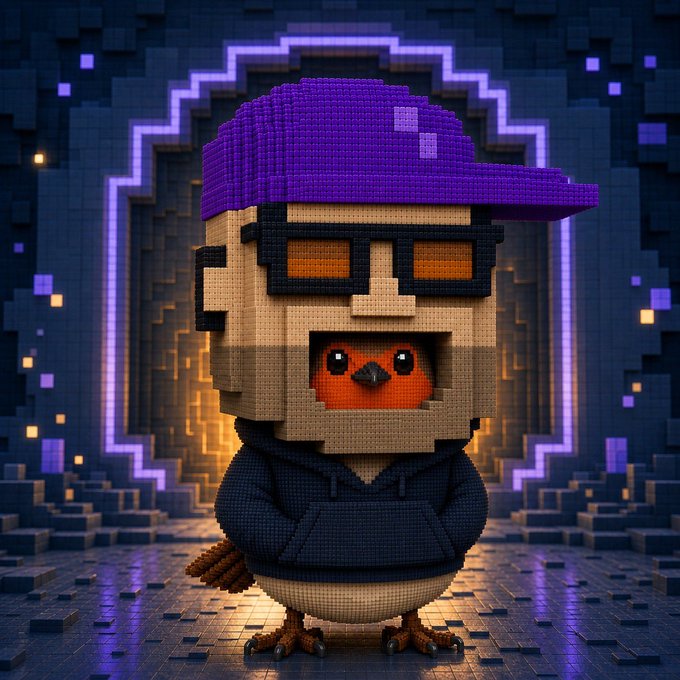 A 3D voxel/block-style digital art piece of a bird character wearing a purple cap, sunglasses, and a dark hoodie, standing in front of a glowing purple archway.
