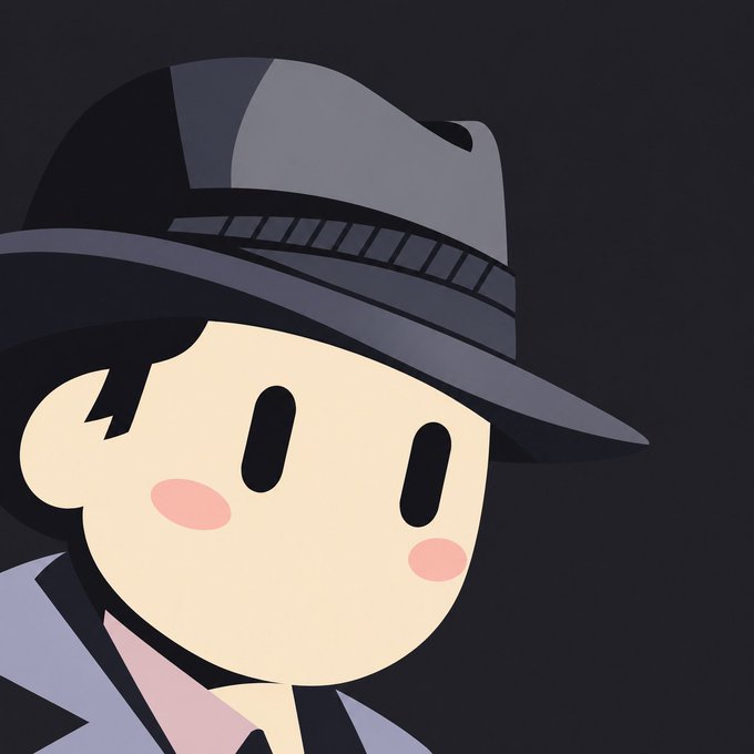 A minimalist cartoon illustration of a character wearing a large gray fedora and a coat, set against a dark gray background.