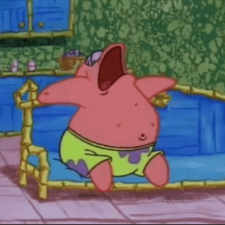 The image features a cartoon character named Spongebob Squarepants sitting on top of a blue couch with his mouth open wide, as if he's yawning or making a funny face for the camera. The background includes a kitchen area with cabinets and a dining table, suggesting that this scene takes place in a home setting. There is also text present in the image, which reads "It is your time to sleep and earn $sleep by @sleepagotchi". This message seems to be related to the cartoon character's situation, as he appears to be tired or sleepy at the moment captured in the photo.